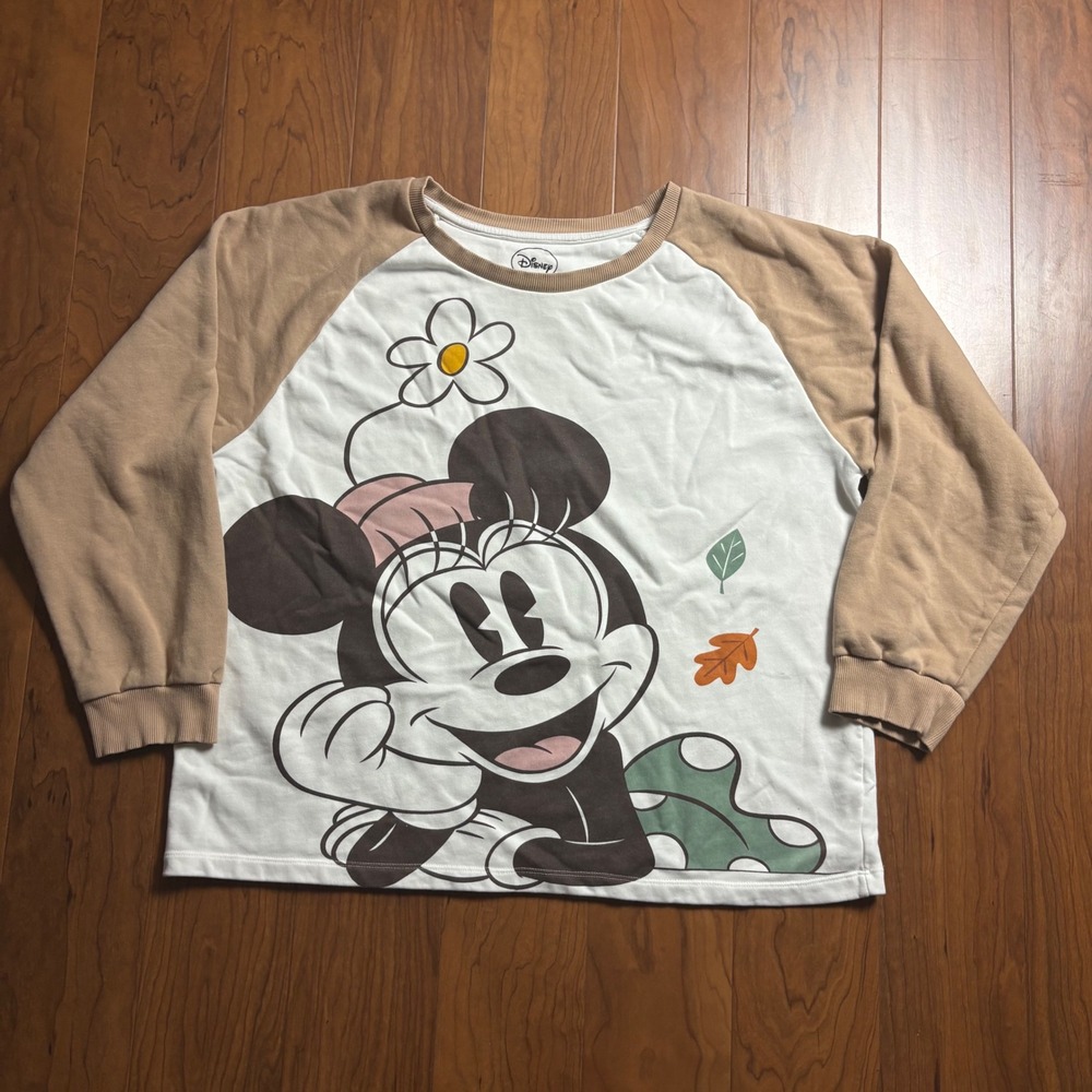 Disney Minnie Mouse Raglan Sweatshirt Tan White Graphic Pullover US 14
